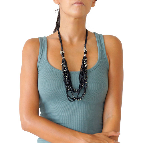 8 Beaded String Necklace with Metal Accents in Black