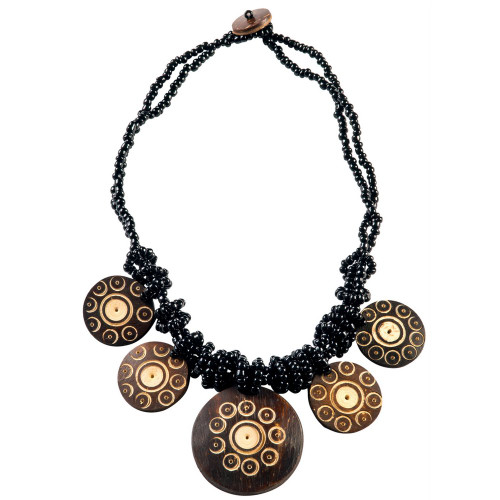 2 Beaded String Necklace with Round Coco Pendant in Black