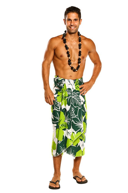 Lava Lava Mens Fringeless (TM) Floral Sarong "Amazonia Jungle" Green and White - Call to Order