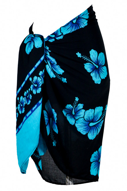 Hibiscus Men's Sarong in Aqua Blue / Black - Fringeless Sarong