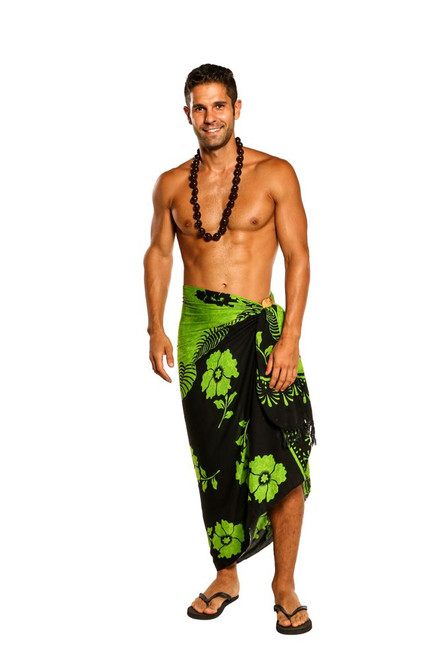 Mens Beach Wrap Hibiscus Flower/Floral Cover-Up Sarong in Green/Black Split