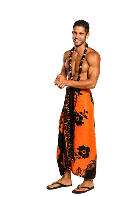 Mens Sarong Beach Wrap Hibiscus Flower/Floral Cover-Up Sarong in Orange/Black