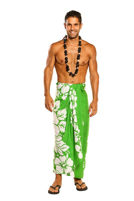 Mens Beach Wrap Triple Lei Cover-Up Sarong in Green/White