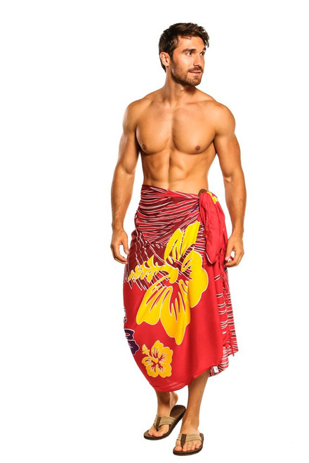 Mens Sarong Beach Wrap Tropical Floral Sarong in Red