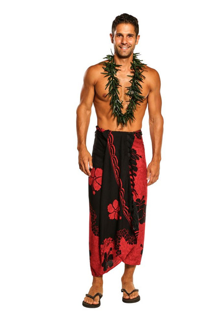 Mens Sarong Beach Wrap Split Color Hibiscus Flower Cover-Up Sarong in Red/Black