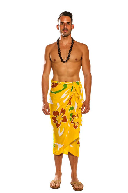 Sarong for Men Hawaiian Sarong in Yellow W/ Green & Caramel Sarong for Men Hawaiian Sarong in Yellow W/ Green & Caramel