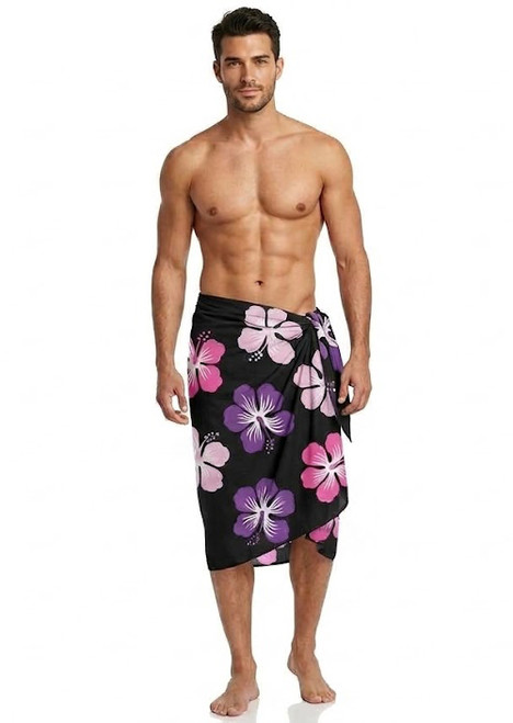 Sarong for Men Hawaiian Floral Sarong in Black/Pink/Purple