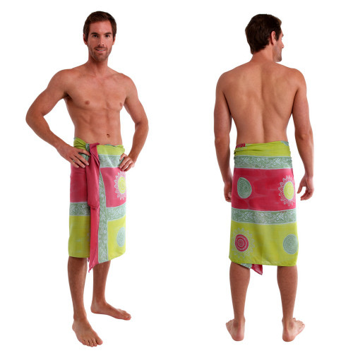 Plus Size Baliku Fringeless Mens Sarong in Pink And Green