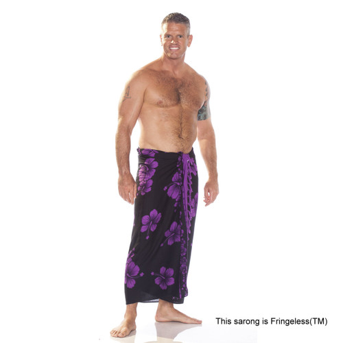 Hibiscus PLUS SIZE Sarong in Purple On Black - Fringeless Sarong