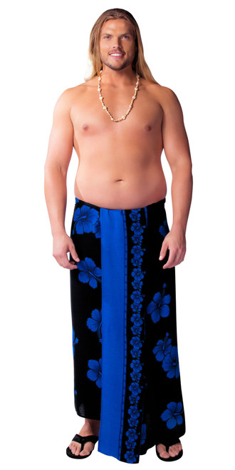 Hibiscus PLUS SIZE Mens Sarong in Blue On Black - Fringeless Sarong