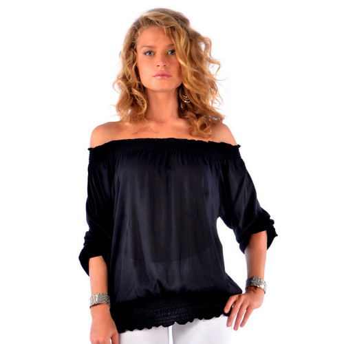 Solid Black Long Sleeve Top Cover-Up