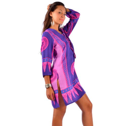 Abstract Tiki Tunic Cover-Up in Pink/Puple - Final Sale - No Returns