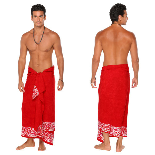 Celtic Tribal Border Mens Sarong "Deep Red" - Fringeless Sarong