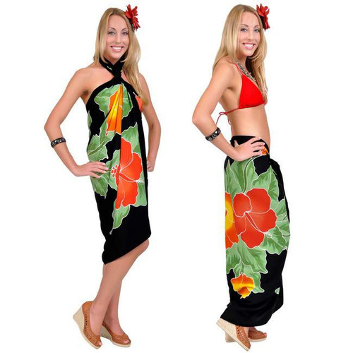 Black Hand Painted Hibiscus Sarong - Fringeless Sarong