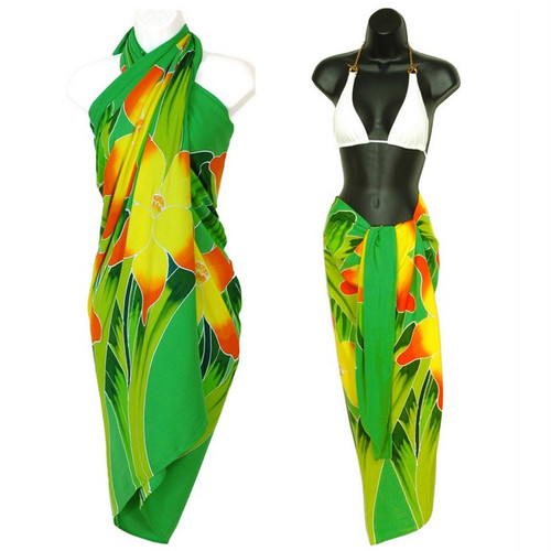 Green Hand Painted Orchid Top Quality Sarong - Fringeless Sarong