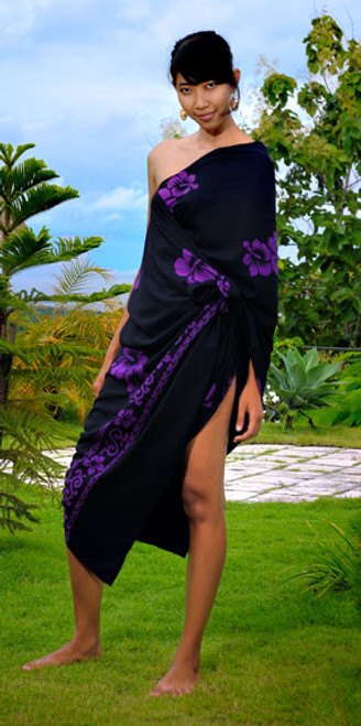 Hibiscus Top Quality Sarong in Black / Purple PLUS SIZE - Fringeless Sarong