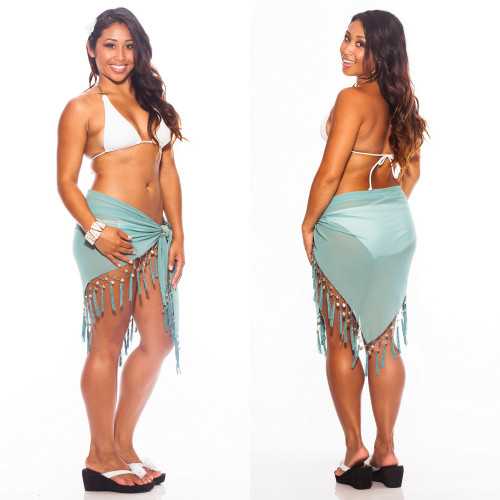 Triangular Sheer Sarong with Fringed with Shells in Sea Foam