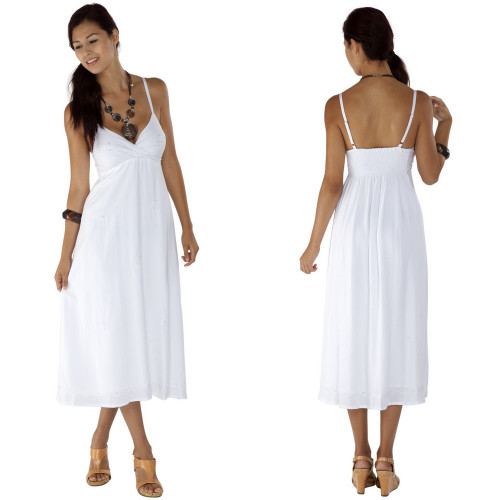 Womens Long Summer Embroidered Cross Over Dress in White - Lined - Final Sale - No Returns