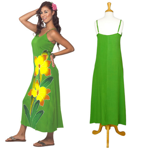 Casual Womens Long Dress with Hand Painted Orchid Design