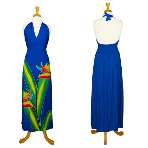 Womens Long Dress with Hand Painted Bird of Paradise Design in Royal Blue