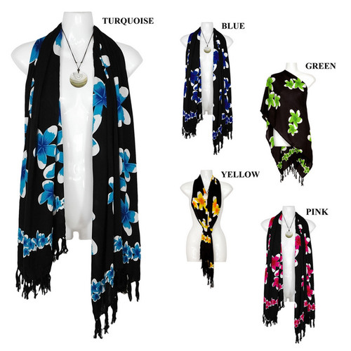 Plumeria Floral Motif Double Width Neck Scarf, Wrap or Shawl - in your choice of colors