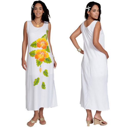 Long White Dress With Hand Painted Gold Hibiscus Design - Lined