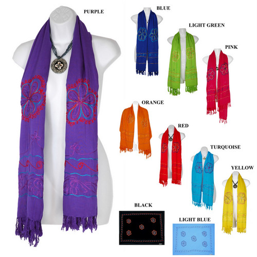 Triple Embroidered Design Plus Size Wide Scarf, Wrap or Shawl - in your choice of colors