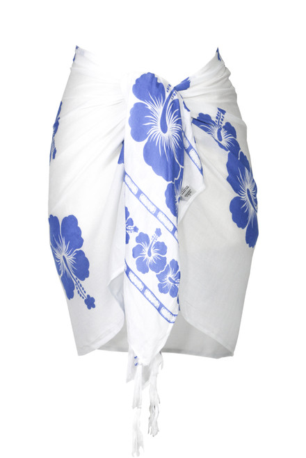 Polynesian Floral Half Sarong in White/Blue