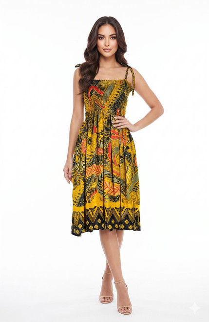 Tube Top Sundress With Traditional Motif Brown Green