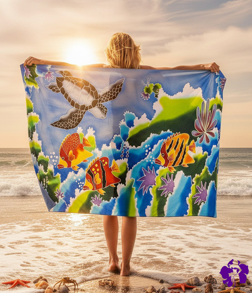Hand Painting Sea Turtle Design in Top Quality Sarong in Green Blue