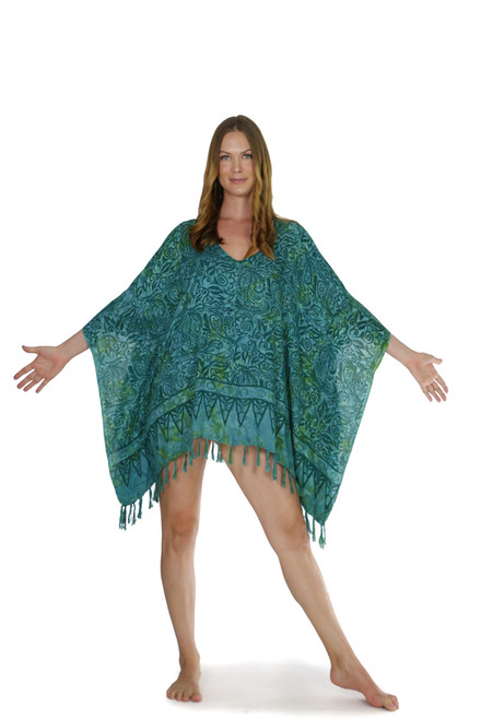 Abstract Leaf Fringed Poncho in Green