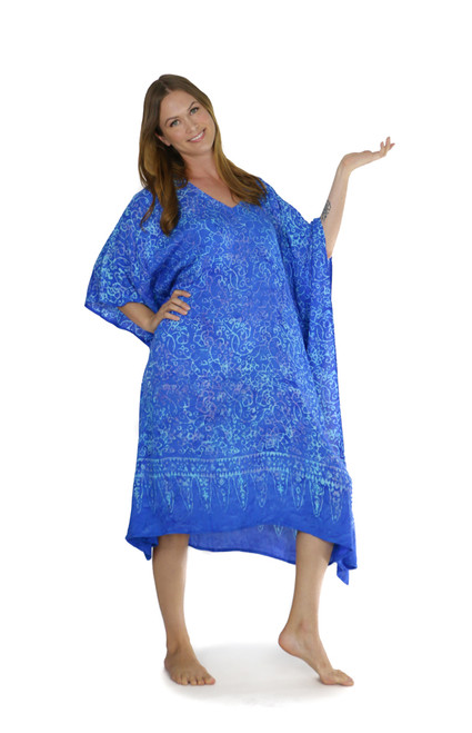 Abstract Floral Fringeless Long Kaftan Poncho Kaftan in Light Blue