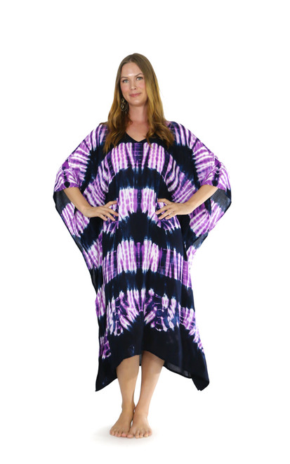 Jungle Purple Tie Dye Fringeless Cover-Up Long Kaftan Poncho Kaftan