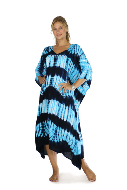 Jungle Blue Tie Dye Fringeless Long Kaftan Poncho Kaftan