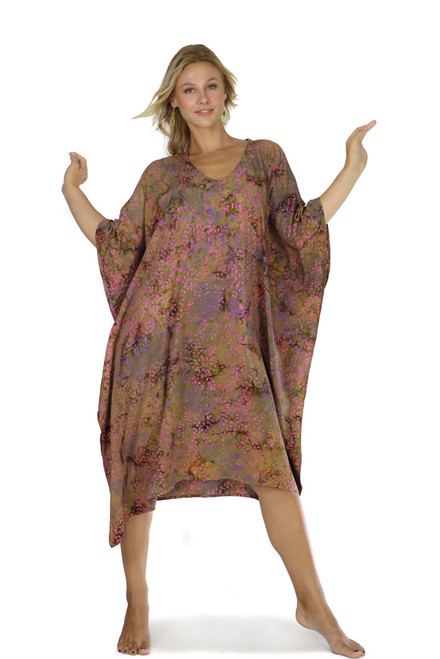 Abstract Floral Fringeless Long Poncho Kaftan in Brown
