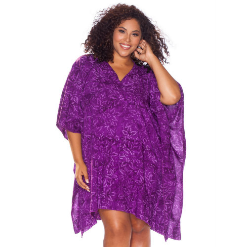Purple Floral Poncho Cover Up with V-Neck
