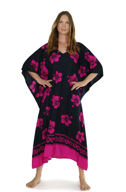 Hibiscus Top Quality Long Poncho Kaftan in Black / Pink