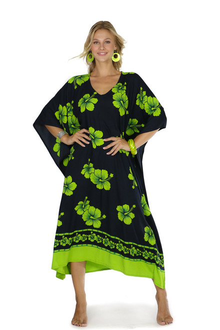 Hibiscus Top Quality Long Poncho Kaftan in Lime Green / Black