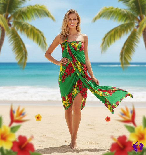 1 World Sarongs Floral Motif in Red and Yellow with Green background