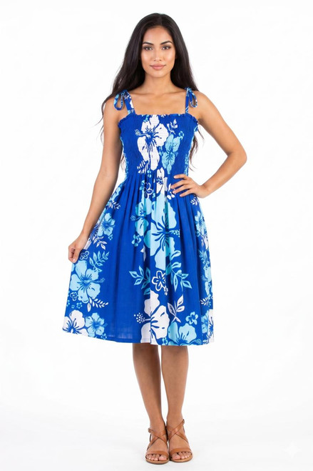 1 World Sarongs Womens Tube Top Sundress with Hibiscus Floral Design in Blue, Turquoise, and White