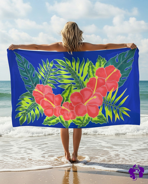 Arpela Tropical Bliss - Hibiscus Hand-Painted Sarongs on Royal Blue Background in Top-Quality Rayon