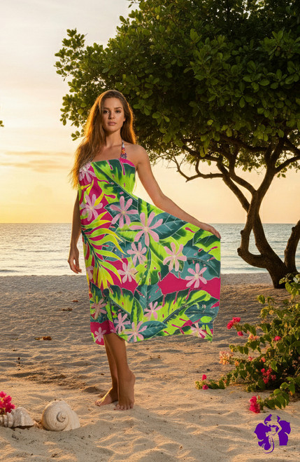Arpela Tahitian Beauty - Hand-Painted Pink Tahitian Tiare Flower Sarongs on Pink Background, Crafted with Top-Quality Rayon