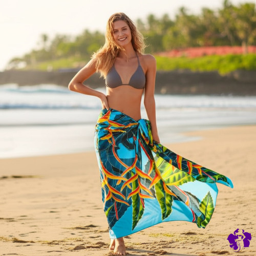 Arpela Tropical Elegance - Hand-Painted Heliconia Flower Sarong on Turquoise Background, Crafted with Top-Quality Rayon