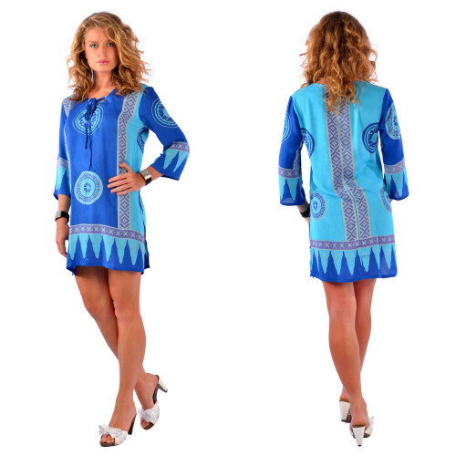Abstract Tiki Beach Cover Up Tunic Dress in Turquoise / Blues
