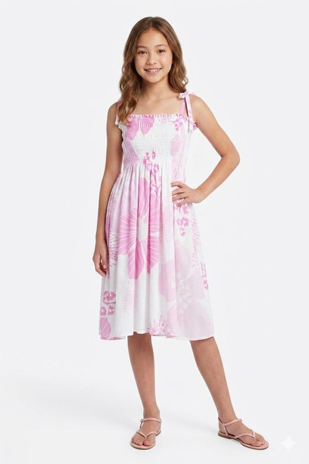 1 World Sarongs Teen Tube Top Sundress with Floral Motif in Pink and White in Teen Size