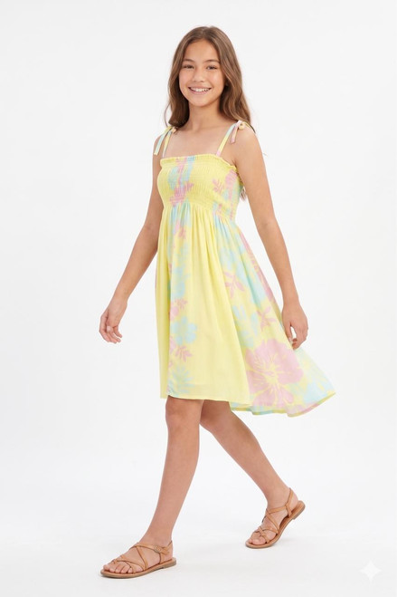 1 World Sarongs Kids Tube Top Sundress features a vibrant floral motif in turquoise, pink, and light yellow