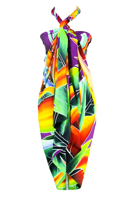 1 World Sarongs Bird of Paradise Flowers in Purple Background with Fringeless 1 World Sarongs Bird of Paradise Flowers in Purple Background with Fringeless