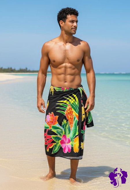 Men Hand painting Top Quality Sarong "Flower Garden" Black