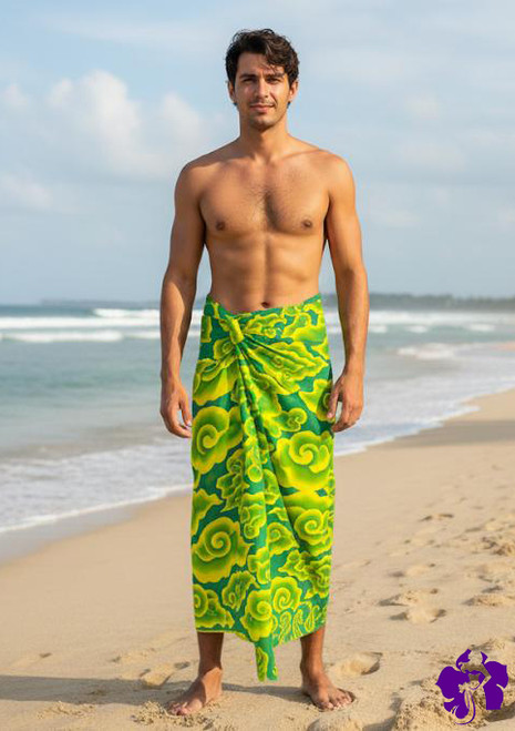 Men Arpela Cloudy Serenity -  Hand-Drawn Mega Mendung Clouds Sarongs in Green, Crafted with Top-Quality Rayon