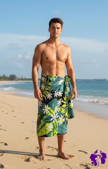 Men Arpela Tahitian Beauty - Hand-Painted White Tahitian Tiare Flower Sarongs on Black Background, Crafted with Top-Quality Rayon
